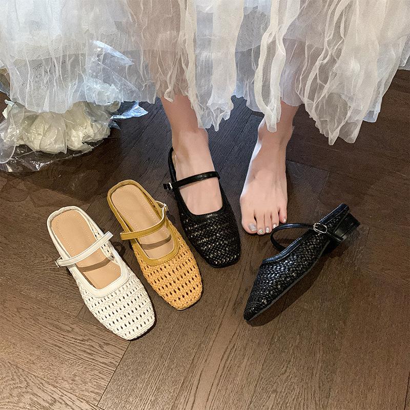 Super Versatile~ Retro Square Head Woven Hollow Bag Head Half-tray Shoes for Women To Wear One-word with Thick Heel Muller Cool Slippers