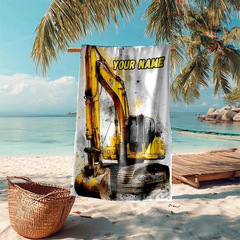 1PC Custom Name Excavator Art Card Beach Towel Highly Absorbent And Sand-Resistant Towel for Swimming, Pool, Yoga, And Travel Lightweight