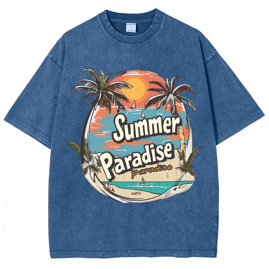 Coconut Tree Landscape Print Washed Denim Women's T-Shirt Pink Loose Extra Large Sleeve Casual Trend Street Top