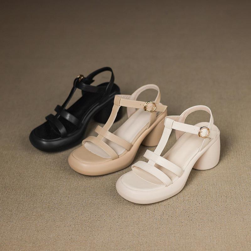 Summer Square Heel Buckle Platform Women's High-heeled Sandals New Casual Solid Color Roman Sandals Rubber Soft-soled Women's Shoes