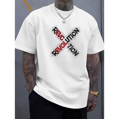 Taglie Europee T-shirt Grafica Streetwear da Uomo | Stampa Audace con Lettere REVOLUTION e Croce, Collo a Costine Morbido, Leggermente Elastico