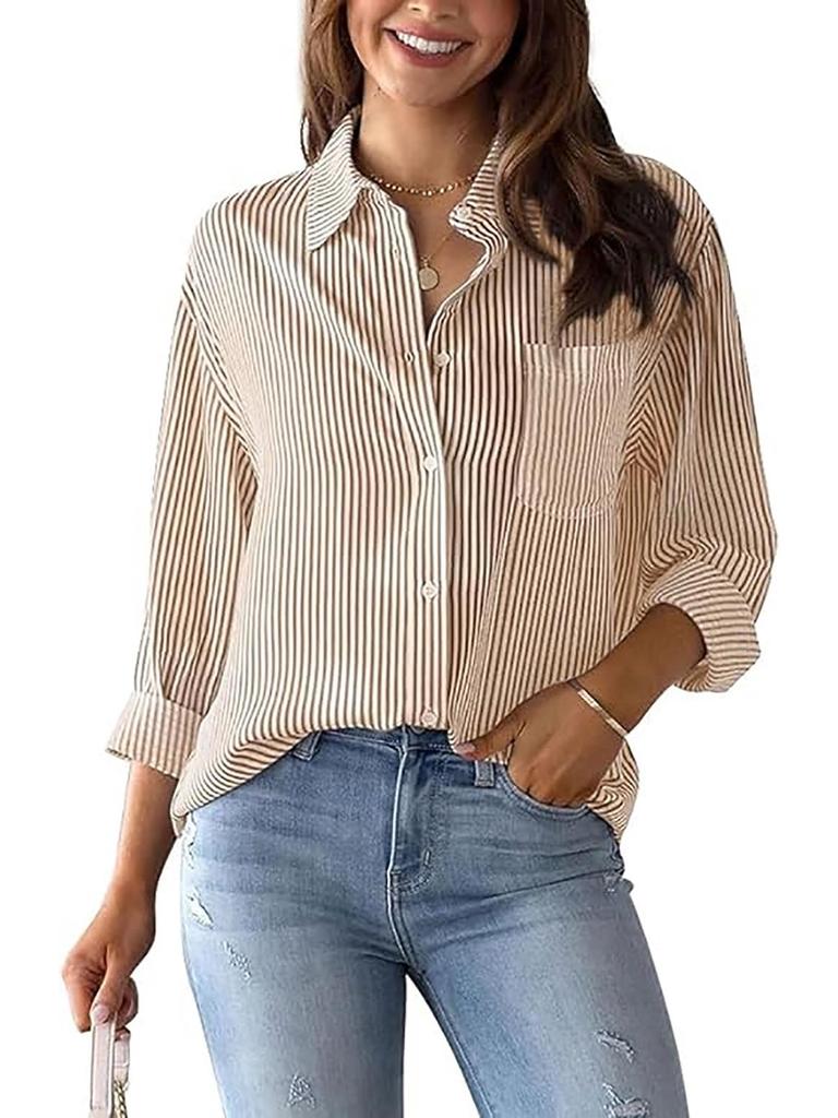 Women's Striped Long Sleeve Collared Button-Down Shirt with Pocket