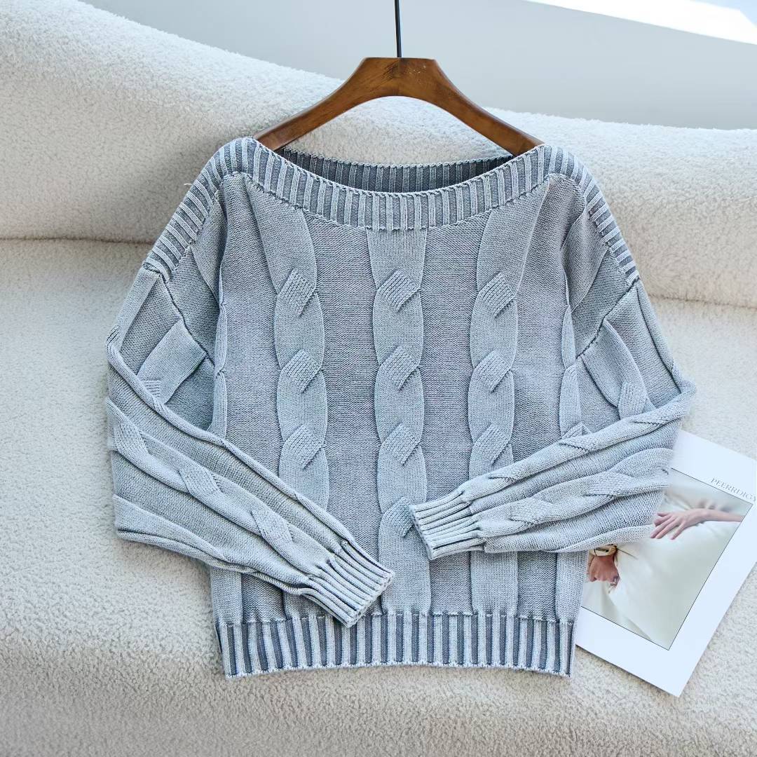 Autumn and winter new Korean retro twist knitted sweater pullover old one-word collar crew neck loose sweater women s clothing One size fits all