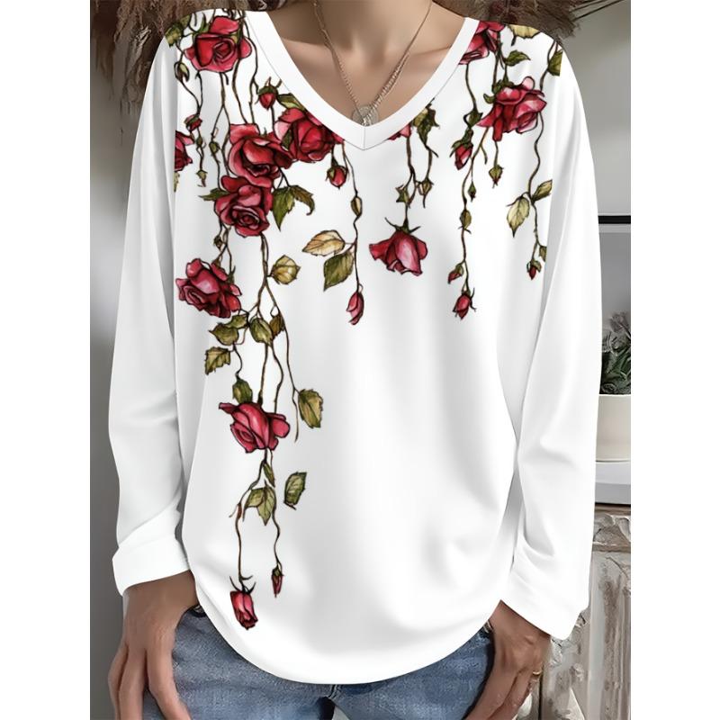 Women's Autumn and Winter Women's Fashion Printed Casual V-Neck Long Sleeve T-Shirt