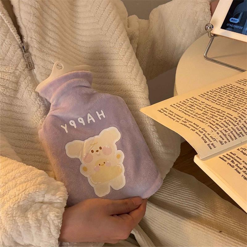 Cartoon Plush Hot Water Bottle with Thickened Cover - Winter Belly and Hand Warmer