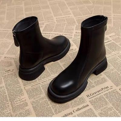 Winter Women's Ankle Boots Low Heel Round Toe Square Root Fashion Boots PU Solid Color Back Zipper Casual Simple Women's Shoes