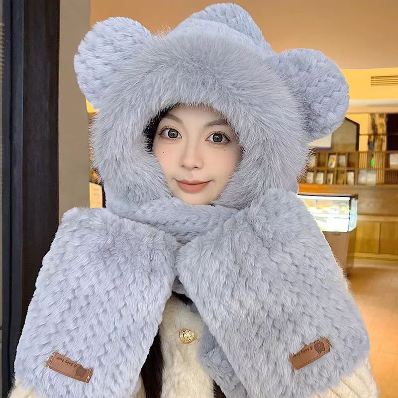 Winter Cute Velvet Warm Protective Hat Cute Bear Hat Women's Warm Hat Scarf Gloves Integrated Hat
