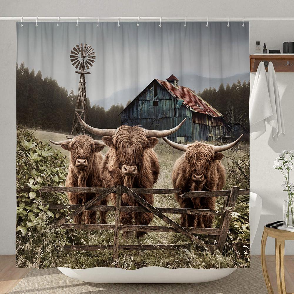 Highland Cow Shower Curtain Farmhouse Funny Bull Rustic Western Watercolor Spring Florral Cute Animal Plant Kids Bathroom Decor