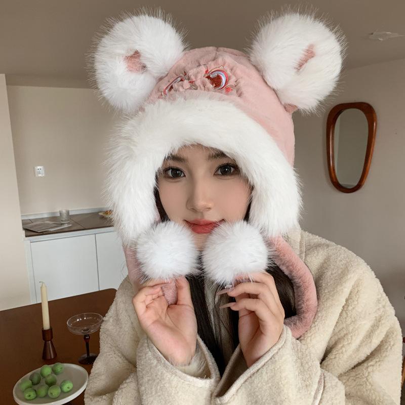 Autumn and winter new Guochao embroidered ear protector children's outdoor warm baotou lion plush headgear