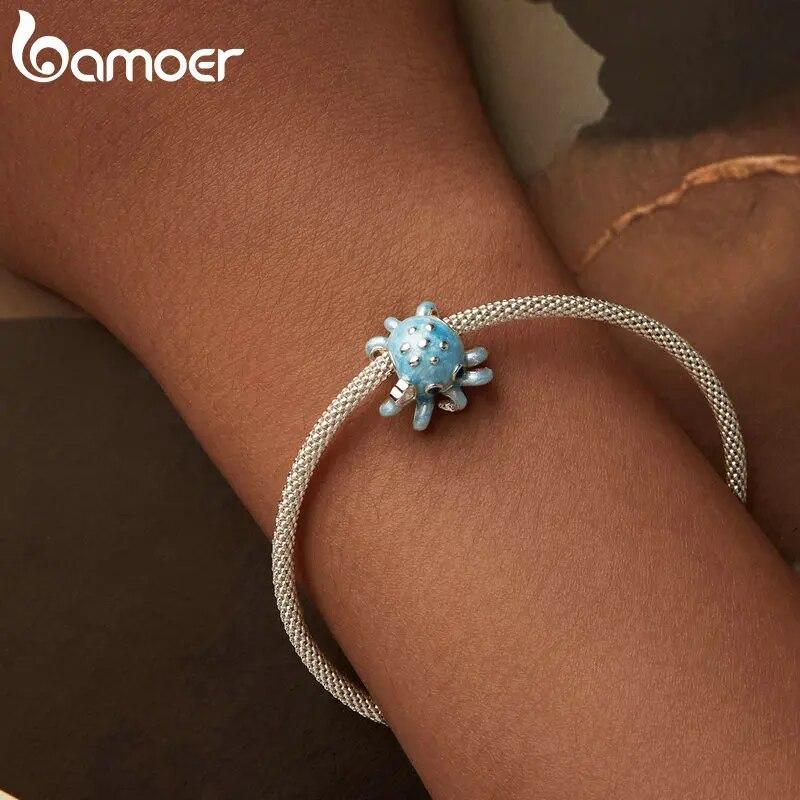 BAMOER 925 Sterling Silver Blue Enamel Octopus Beads Ocean Fish Charms for Women Bracelet Necklace DIY Accessories Jewelry Gift