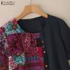 ZANZEA Women Ethnic Print Patchwork Summer Short Sleeve Cotton Tee Shirt Tops