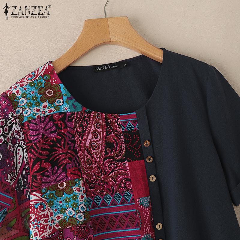 ZANZEA Women Ethnic Print Patchwork Summer Short Sleeve Cotton Tee Shirt Tops