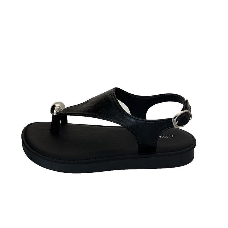 

Fashion explosion 2025 summer new niche set toe black minimalist flat sandals vacation roman shoes 40 чёрный
