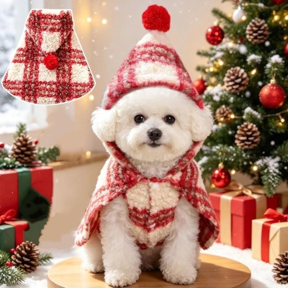 Thick Plush Pet Hooded Cape Vest Red Plaid Christmas Pet Cape Cute Pet Warm Coat  Dog Cat