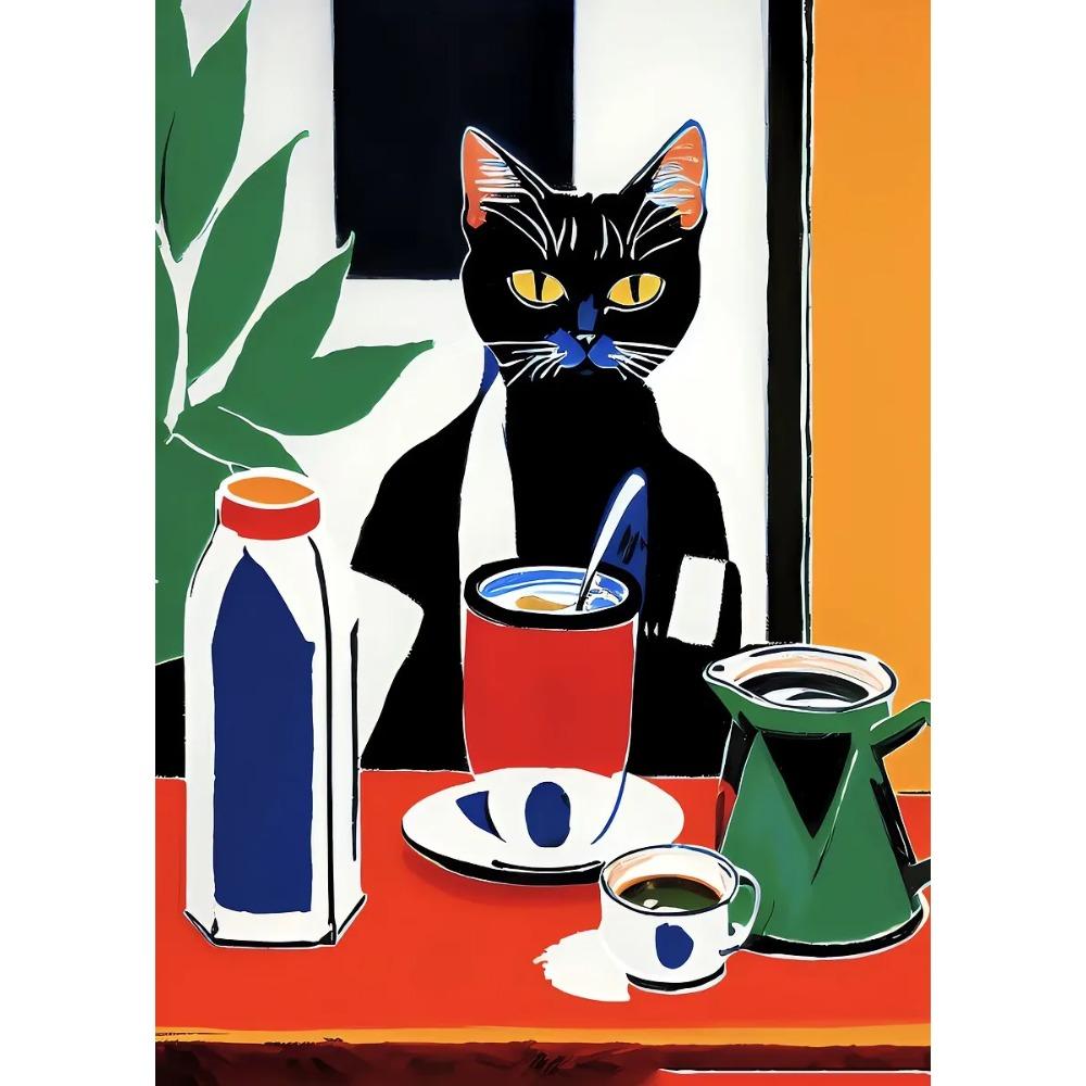 Funny Cats French Jazz and Wine Posters Reading Hobbies Cartoon Prints Canvas Painting Wall Art Pictures Home Living Room Decor