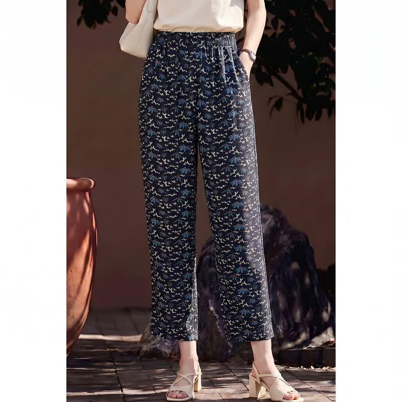 Women's Floral Silk Blend High-Waisted Wide-Leg Pants