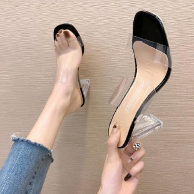 Cool Slippers Outer Thick Heel Summer 20 High Heel Transparent One-word Slippers Crystal and Half Drag Cool Slippers Women
