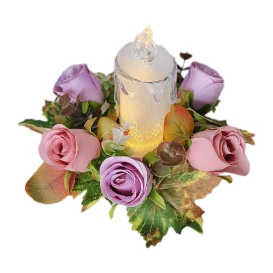 Artificial Rose Candle Ring Fake Rose Wreath with Maple Leaves Pillar Candle Wreath Table Centerpieces for Home Candlelight Dinner Wedding Party Decor