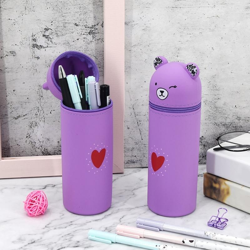 Cartoon Bear Pen Bag Large Compartment Zippered Silicone Pencil Case Standing Up Pen Holder Pencil Bag Gift for Student