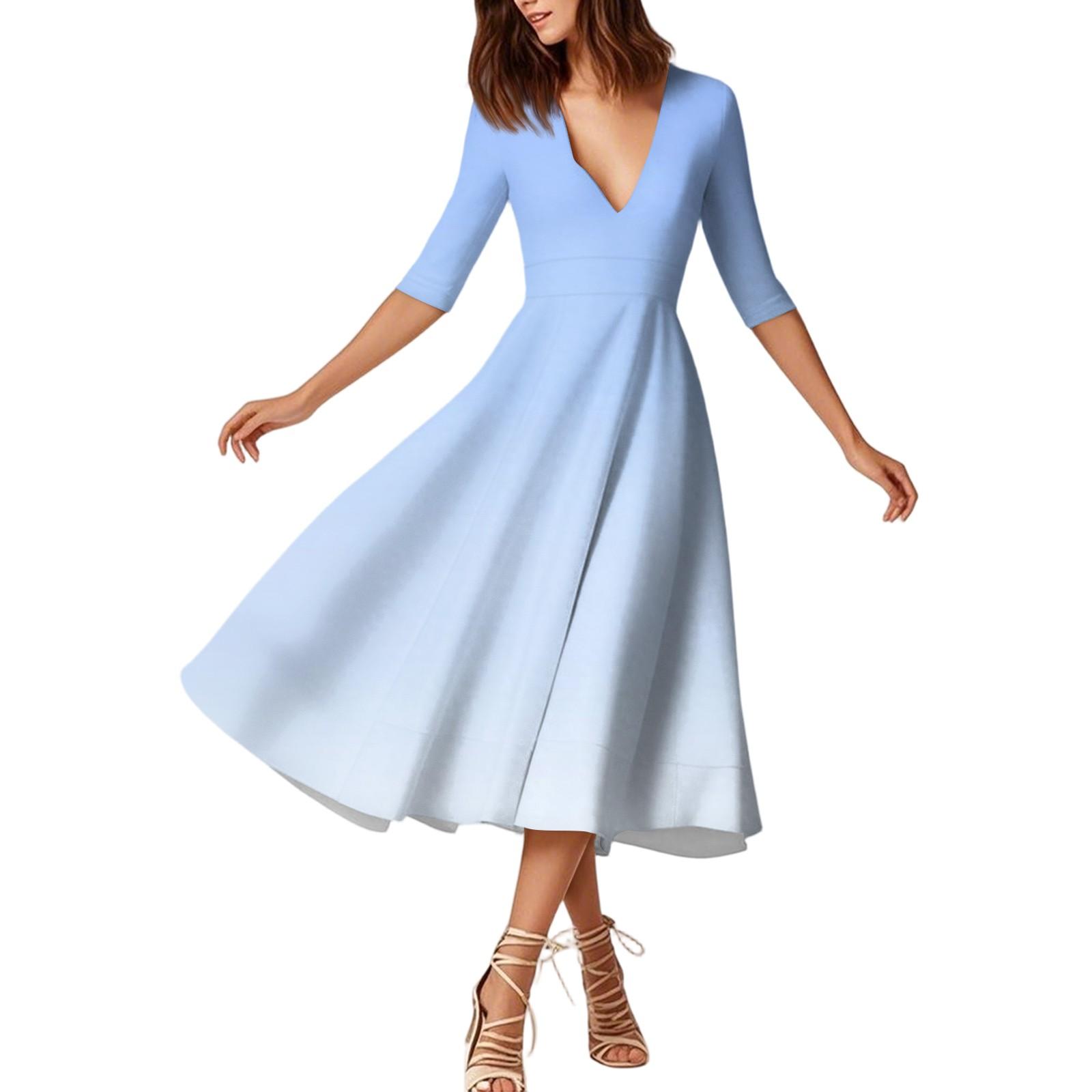 

Women s Fashion Mid Sleeve Mid Length Dress Gradient Print Sexy V Neck Dress XL