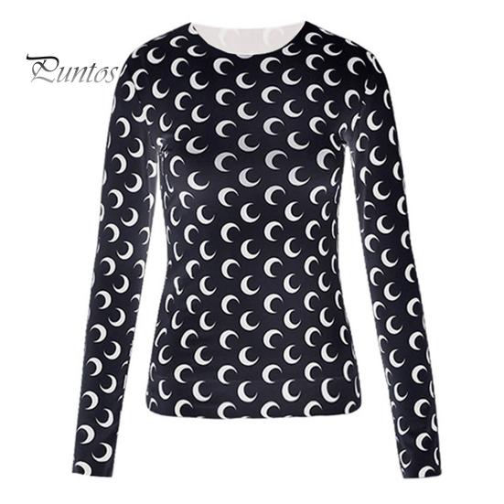 

Літні шовкові топи з круглим вирізом і довгим рукавом із захистом від сонця Топи з місячним візерунком Еластичні пуловери приталеного крою XL чорний