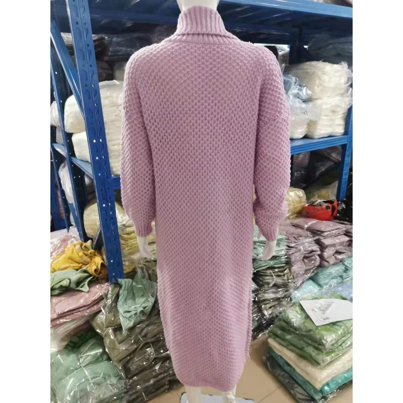 Winter European and American Collar Knitted Cardigan Collage Solid Color Long Style Plus Size Women's Knitted Sweater Sweater