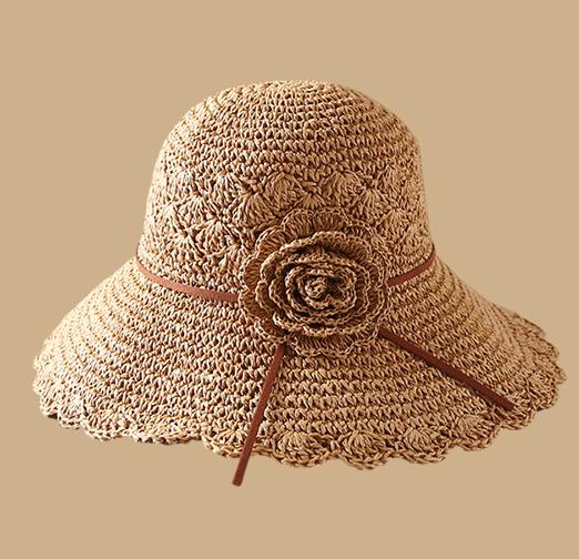 Summer Hats For Women Flower Rope Chain Foldable Sun Hat Beach Accessories Seaside Holiday Bucket Hat Sunhat New Beige Khaki