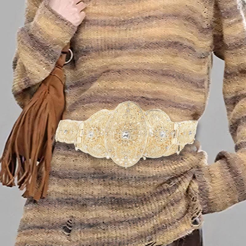 Russian Caucasus Crystal Belt Hollowed Flower Chain Belt for Formal Dress Eye Catching Shimmering Long Robe Wedding Belt