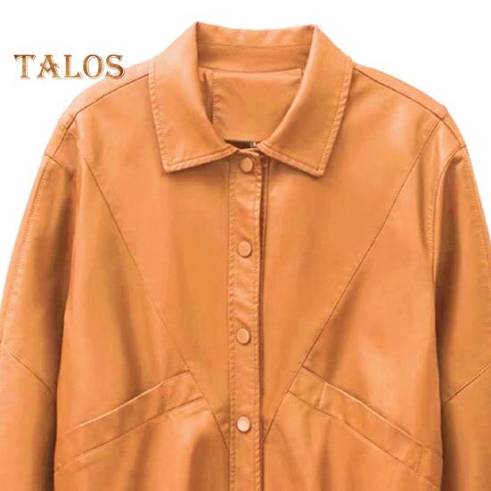 Women Jacket Faux Leather Smooth Surface Turn-down Collar Single-breasted Long Sleeves Pockets Retro Motorcycle Coat Office Commuting Travel Outerwear