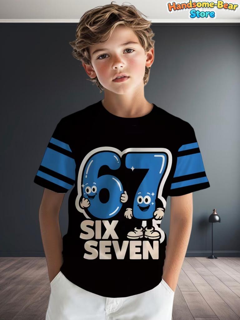 T-shirt Meme 67 pour Enfants Drôle Impression Numérique 3D Numéro 67 Maillot de Football T-shirt Style Maillot Lâche Mode Vêtements pour Enfants