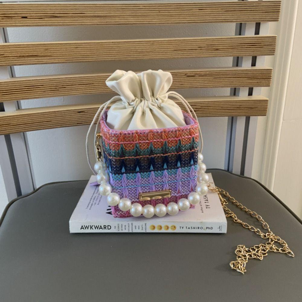 Bohemian Straw Shoulder Bag Elegant Women's Crossbody Bag Evening Purse Pearls Straw Handbag  Beach