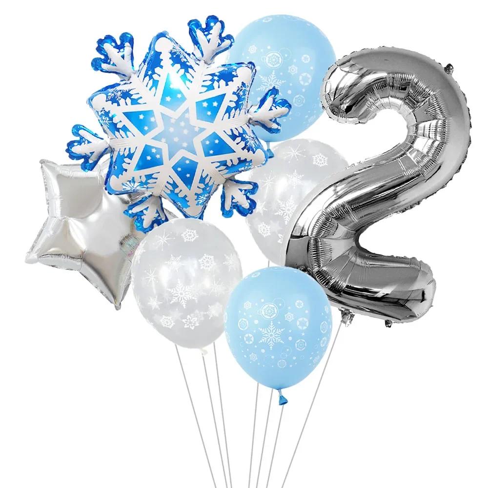 7Pcs Snowflake 32 inch Number 1-9 Foil Balloon Set Winter Snowflake Frozen Theme Balloons Birthday Party Holiday Decorations