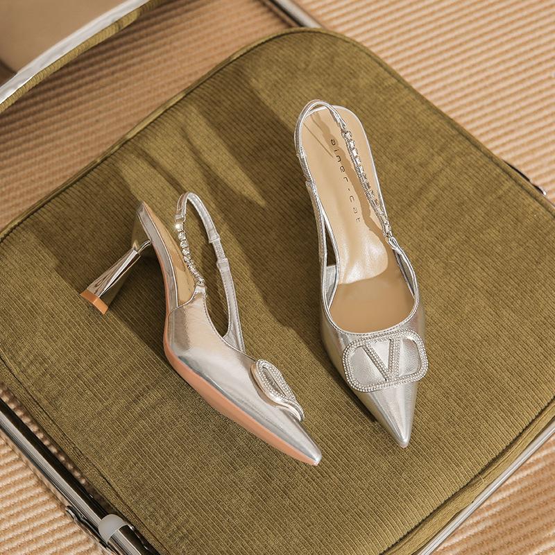 7508-1 [sheepskin] High Heels Women's Thin Heels 2025 New Temperament Rhinestone Word with Bag Head Empty Sandals