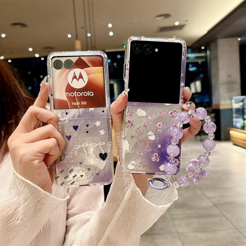 For Motorola Moto Razr 70 60 Pro 50 Ultra Gradient Flower Pattern Phone Case Bracelet Protection PC Hard Shell Back Cover