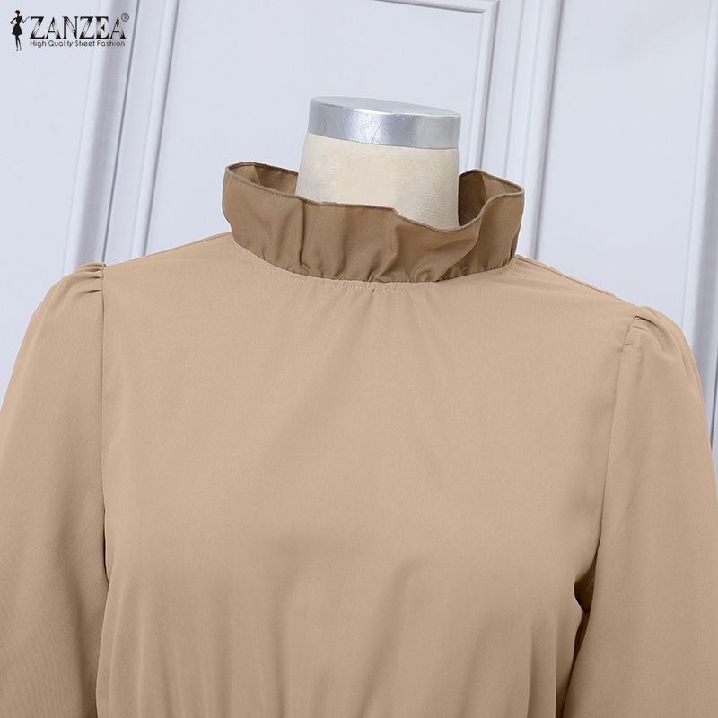 ZANZEA Women Casual Round Neck Loose Long Sleeve Splice Dress