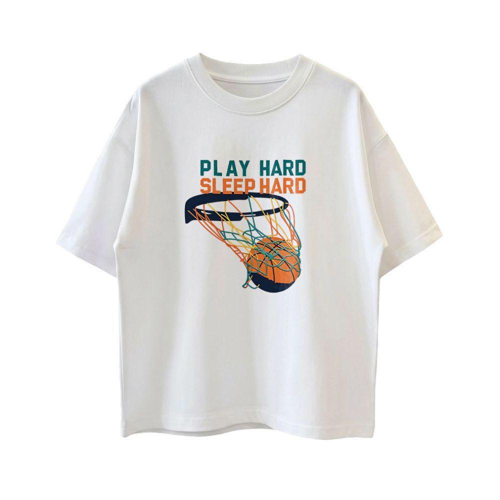 100% Pure Cotton Boys' Summer Basketball Print Short Sleeve T-Shirt - Loose Fit White Sport Top