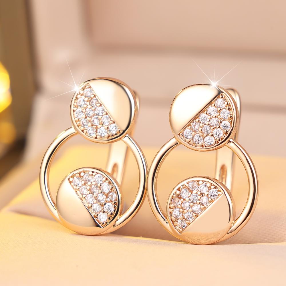 Fashion Gold Color Geometric Double Circle Half Paved Zircon Stud Earrings for Women Daily Office Simple Jewelry