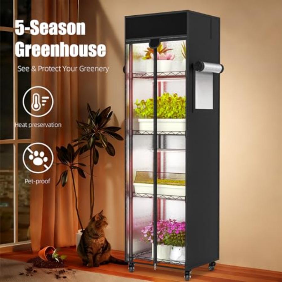 Indoor Greenhouse with Grow Light 5 Tier 15.7 L×11.8 W×62.3 H Metal Indoor Plant Enclosure for Seed Starting with 48W Full Spec