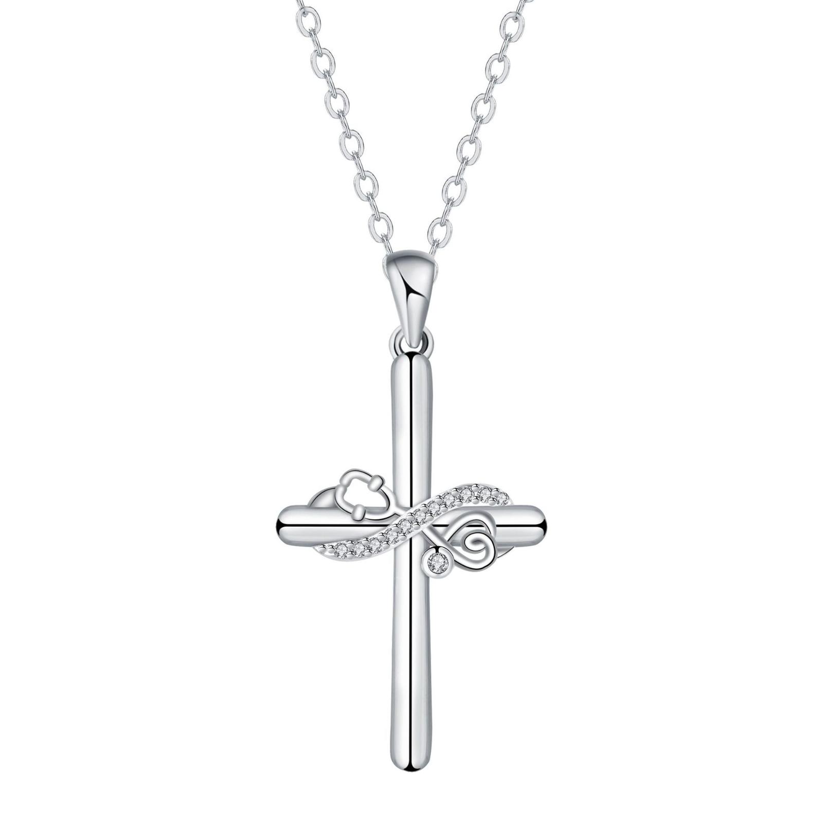 Sterling Silver Cross Necklace with Infinity Symbol and Floral Accent Pendant for Women Elegant Minimalist Jewelry Gift One Size
