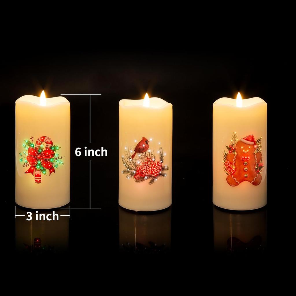 Eywamage Fiber Optic Flameless Candles with Remote, Cardinal Gingerbread Candy Canes Candles Flickering LED Pillar Candles Set of 3