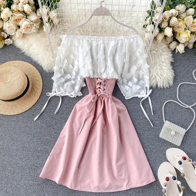 Off Shoulder Patchwork Καλοκαιρινό κοντό φόρεμα Party Flower Chiffon Slim Waist Lace Up Γυναικείο Casual A-Line Beach Dress