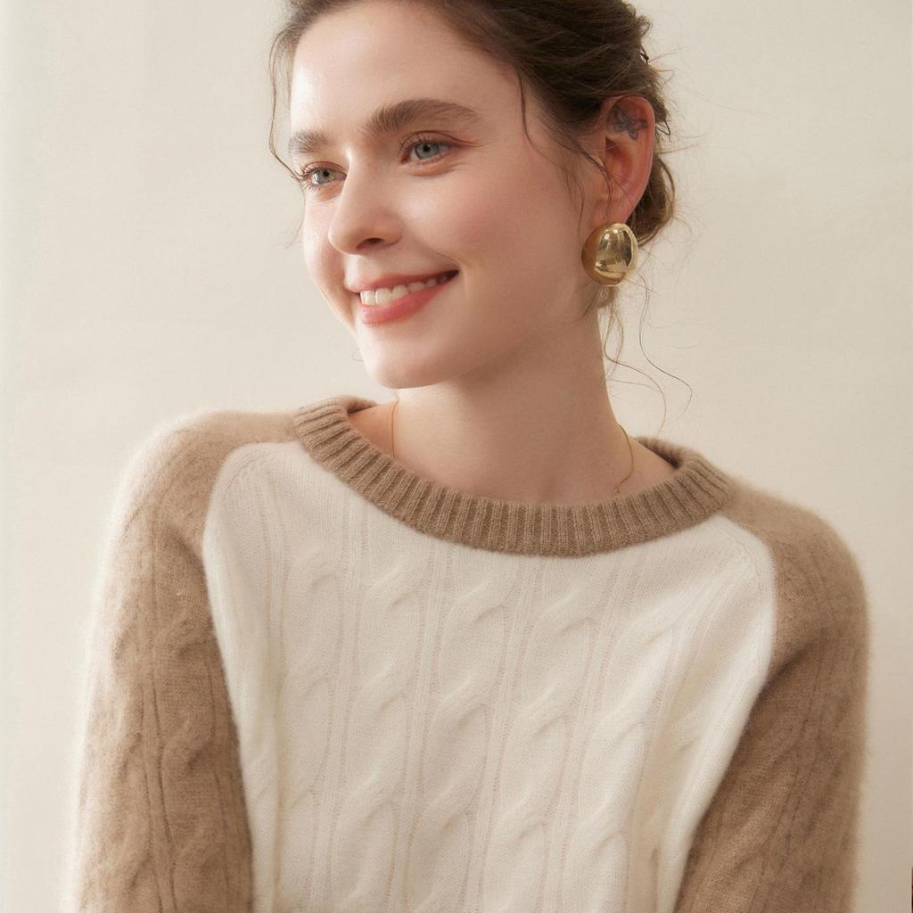 Autumn 2025 Women's Color Block Cable Knit Cashmere Sweater - Fashionable, Versatile, Slimming Round Neck Knitwear