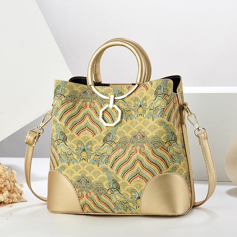 Spacious Cotton Lined Shoulder Bag With Soft Structure And Stylish Patchwork золотой