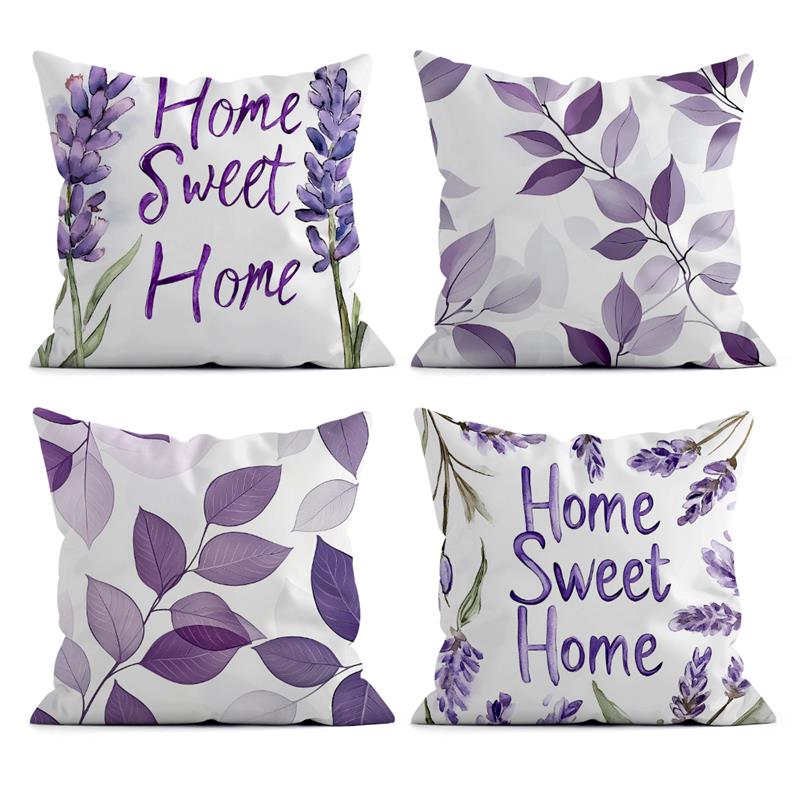 Purple Lavender Flowers Pillowcases Floral Illustration Art Painting Pillow Case Decorative Throw Pillow Cover For Home Sofa 4PCS