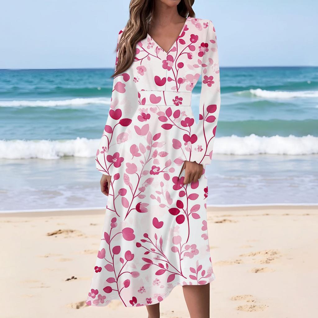 Women's Casual Fashion Floral Print V-neck Long Sleeve Waist Long Dress