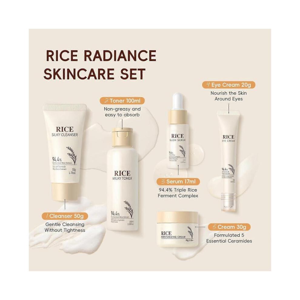 Koreanisches Hautpflege-Set, Glass Skin Pflege-Set, Reis-Hautpflege-Set - Reis-Reiniger, Toner, Serum, Creme, Augencreme, Gesichts-Kit für strahlende Haut, Geschenk-Set Fo