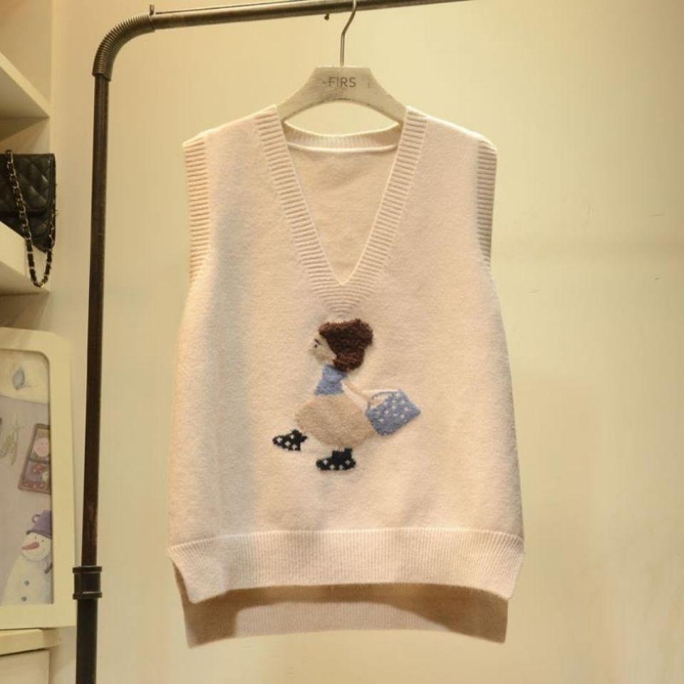 

Майка с рисунком из мультфильма, свитер для девочек с V-образным вырезом, корейская версия, жилет без рукавов, свободный вязаный свитер для ранней осени, верхняя одежда S