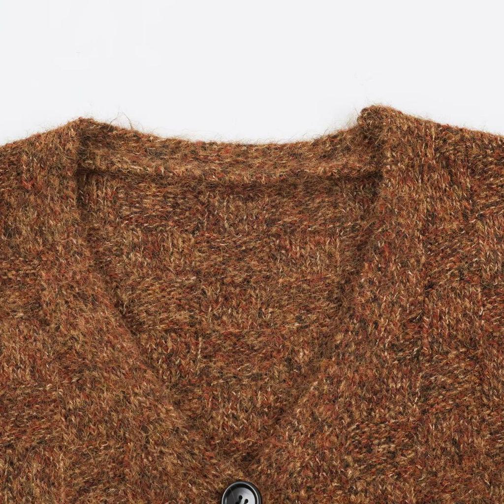 2026 Autumn Women's European & American Heather Yarn Jacquard V-Neck Knit Cardigan Jacket