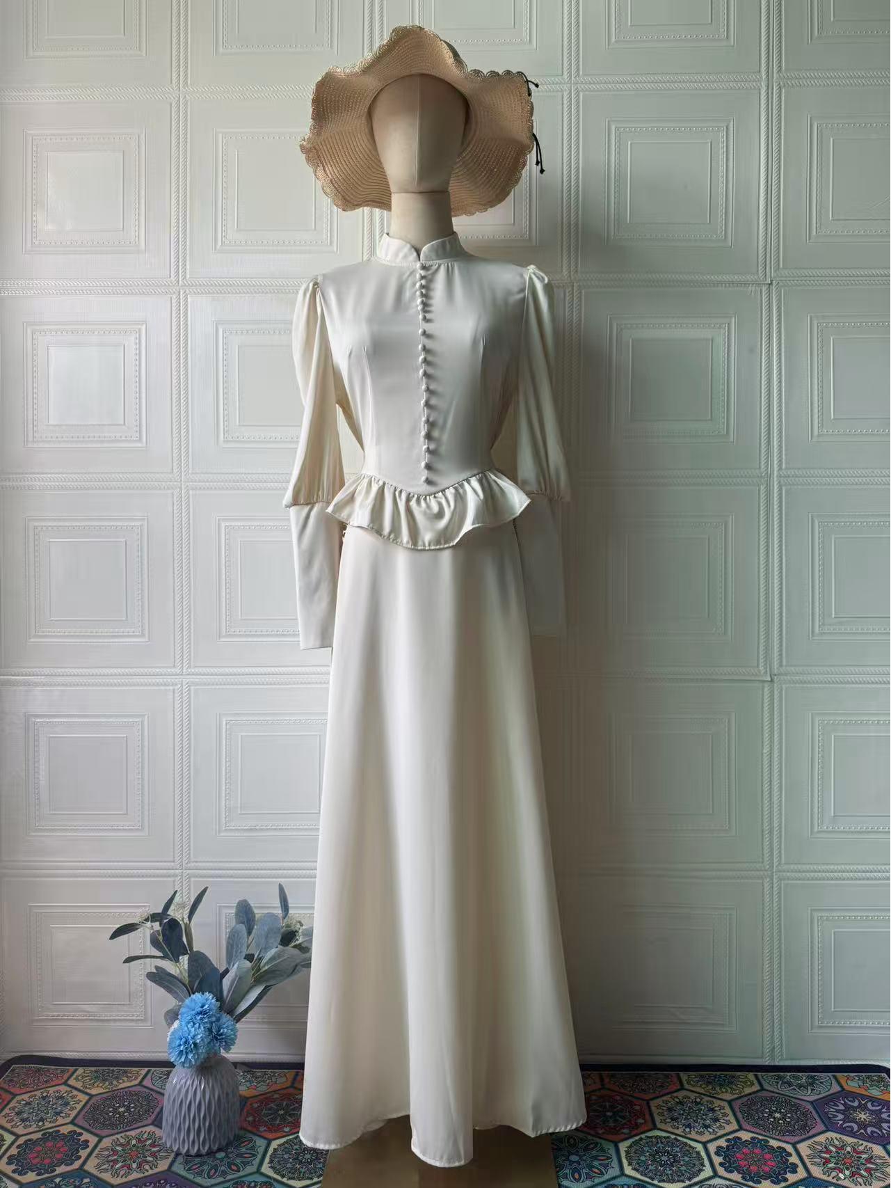 

Элегантное европейское и американское белое платье с длинным рукавом и завязками XXL грязно-белый