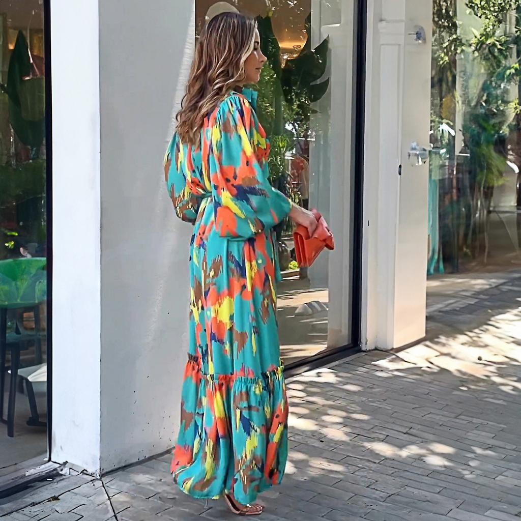 Autumn and Winter Printing Temperament Lapel Single-breasted Long Dress New Dress Women